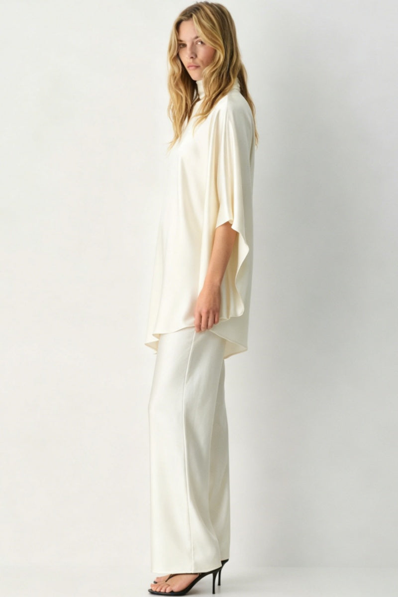 Cape Sleeve Satin Wide-Leg Set