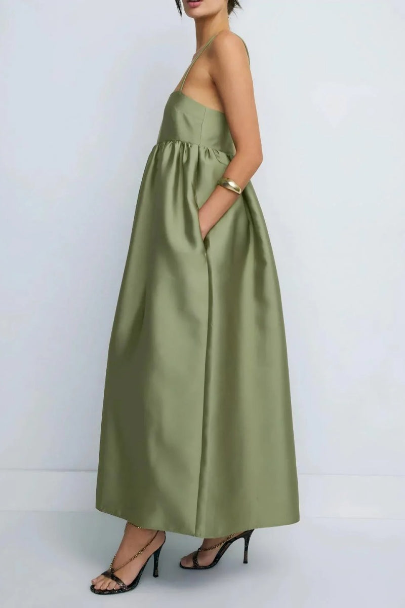 Minimalist Olive Green Babydoll Maxi Dress
