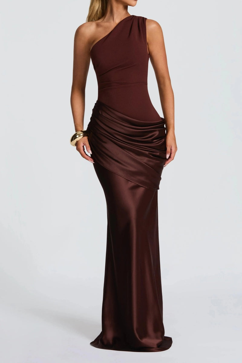 open lace back dress Pleated One Shoulder Maxi Chiffon Evening Dress