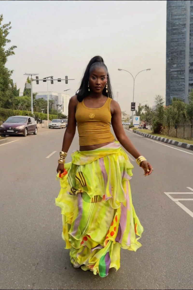 Lemon Yellow Abstract Ruffle Wrap Skirt