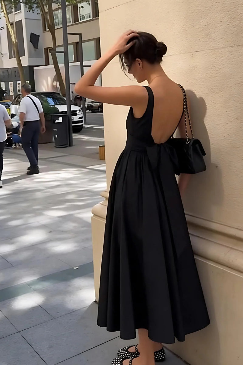 Black Square Neck Back Bow Midi Dress