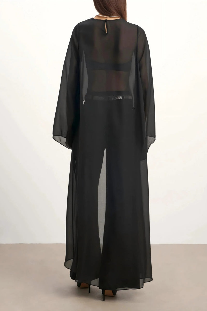 Sheer Chiffon Cape Blouse & Curved Silhouette Jeans
