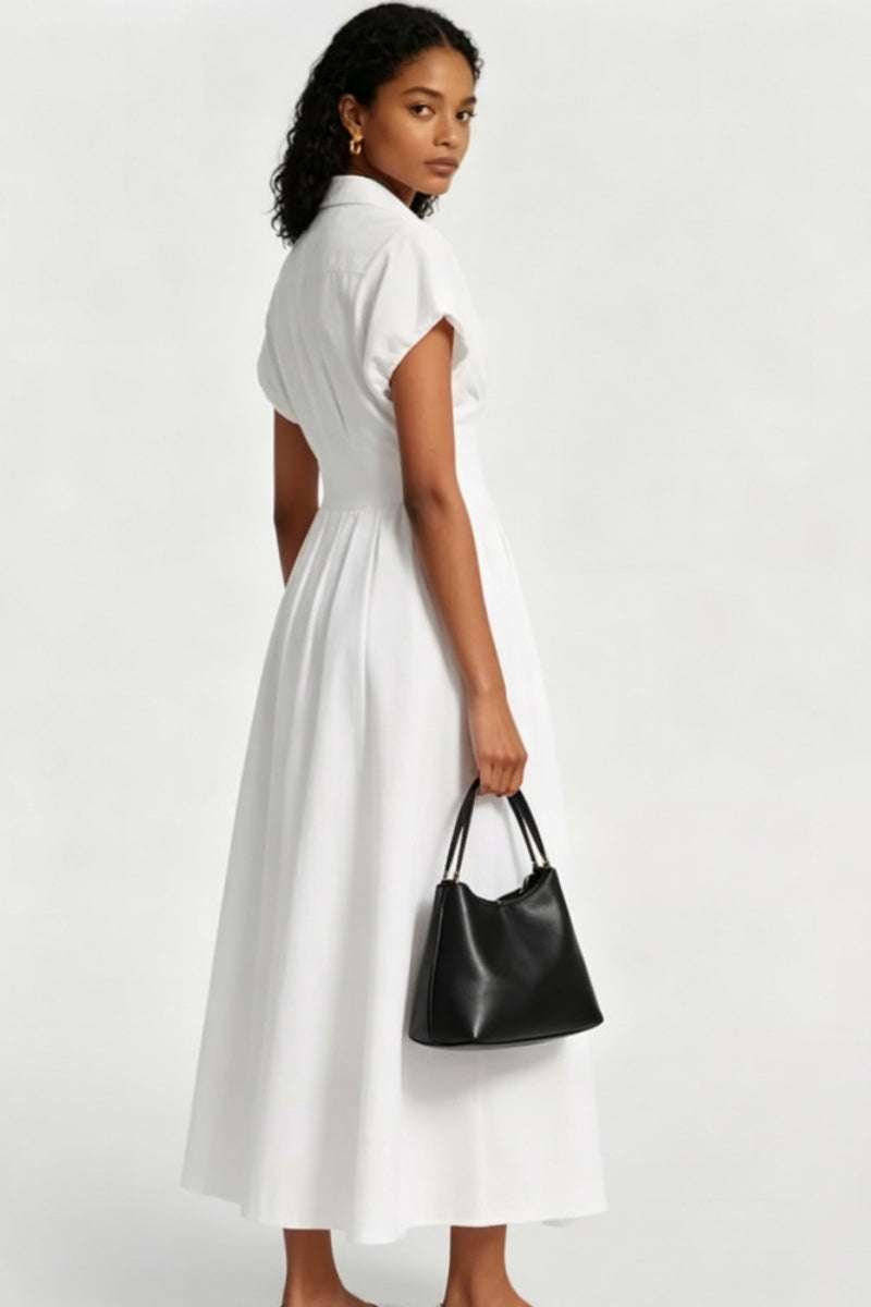 WHITE V-NECK PUFF SLEEVE MIDI DRESS