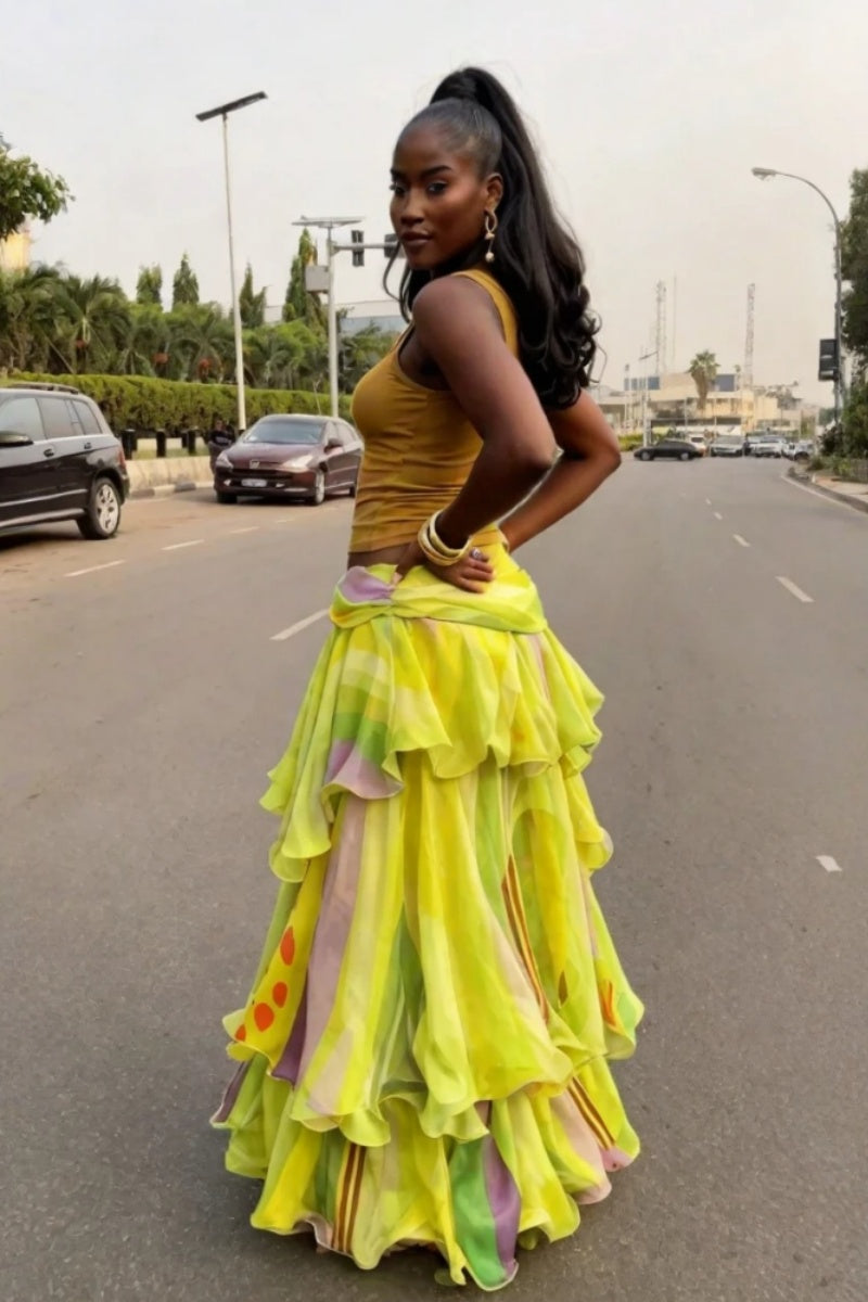 Lemon Yellow Abstract Ruffle Wrap Skirt