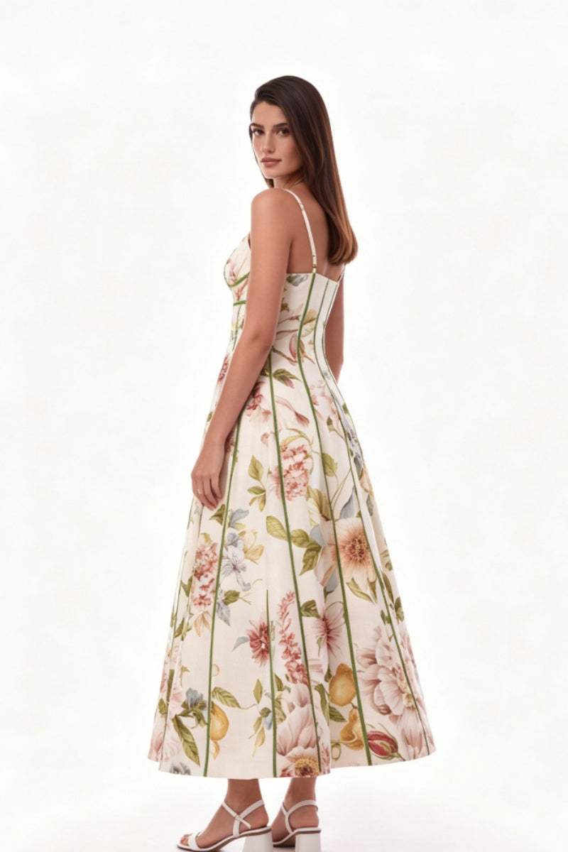 Krämfärgad blommig korsett-bustier midiklänning