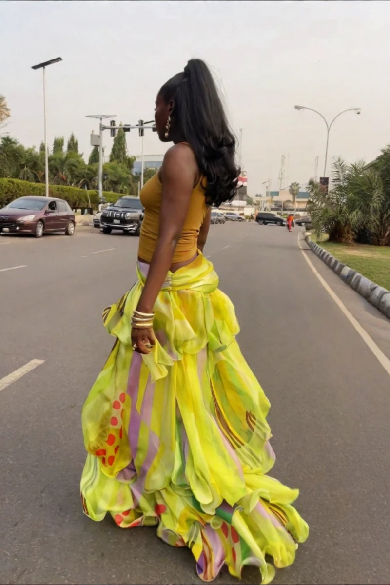 Lemon Yellow Abstract Ruffle Wrap Skirt