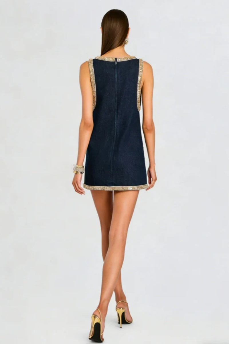 Navy Denim Crystal Trim Shift Mini Dress