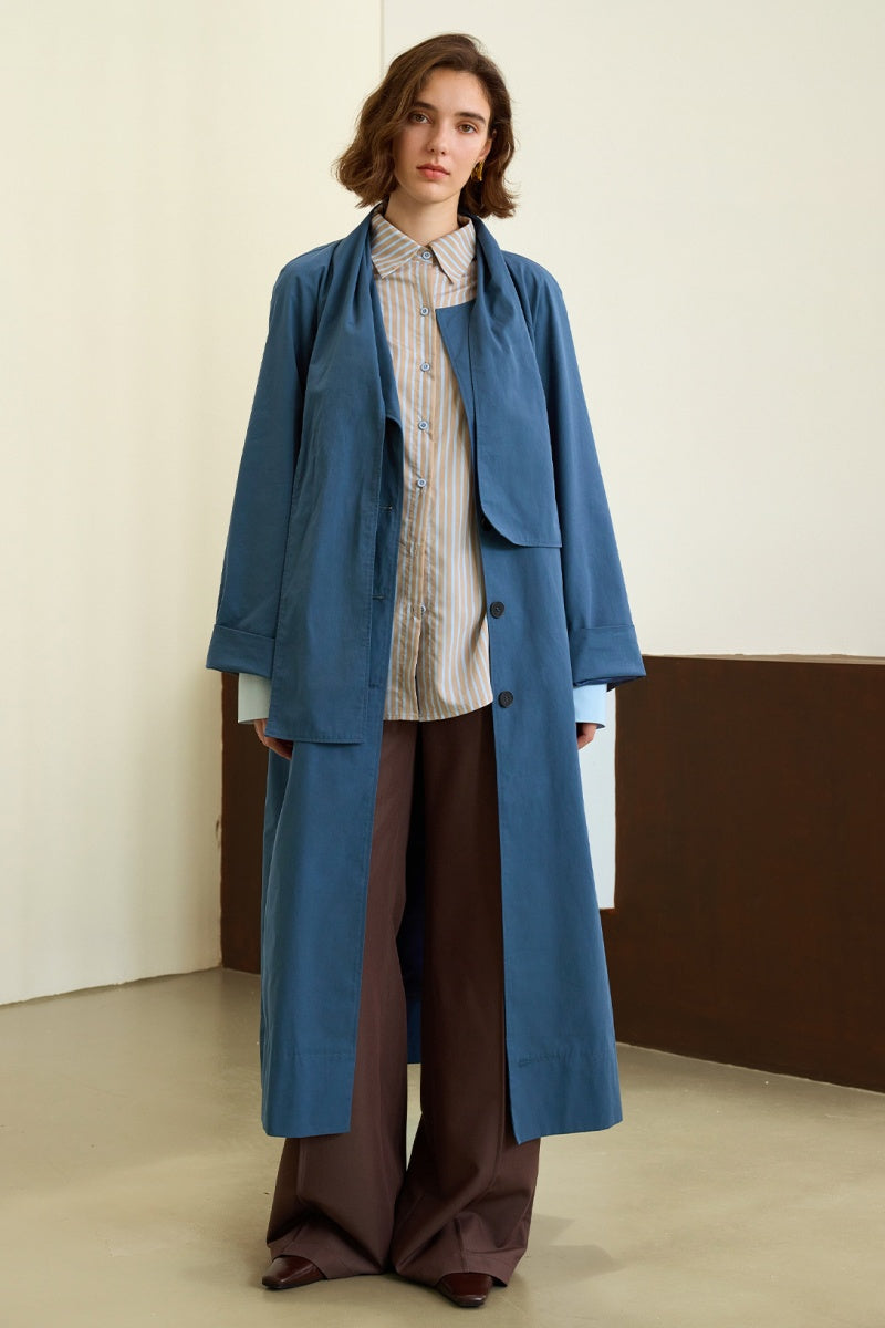 Scarf-Collar Cotton Trench Coat
