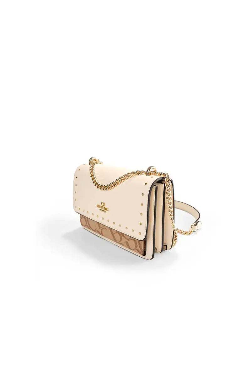 Studded Letter Print Chain Top Handle Bag