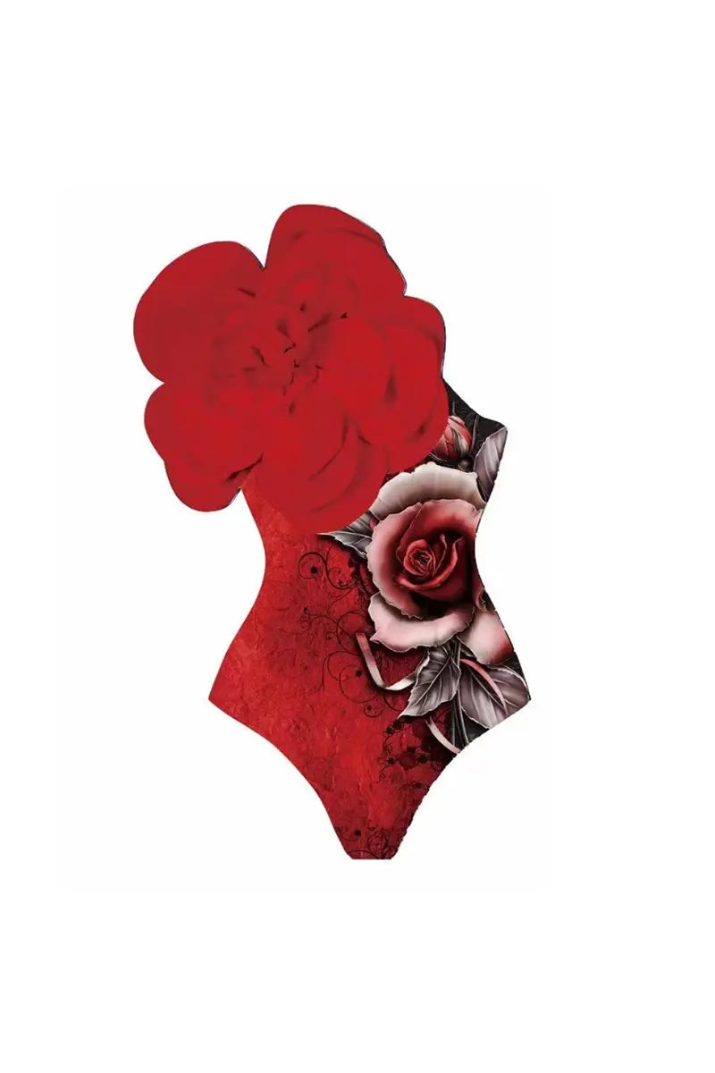 Costum de baie imprimat cu accent bust floral roșu 3D