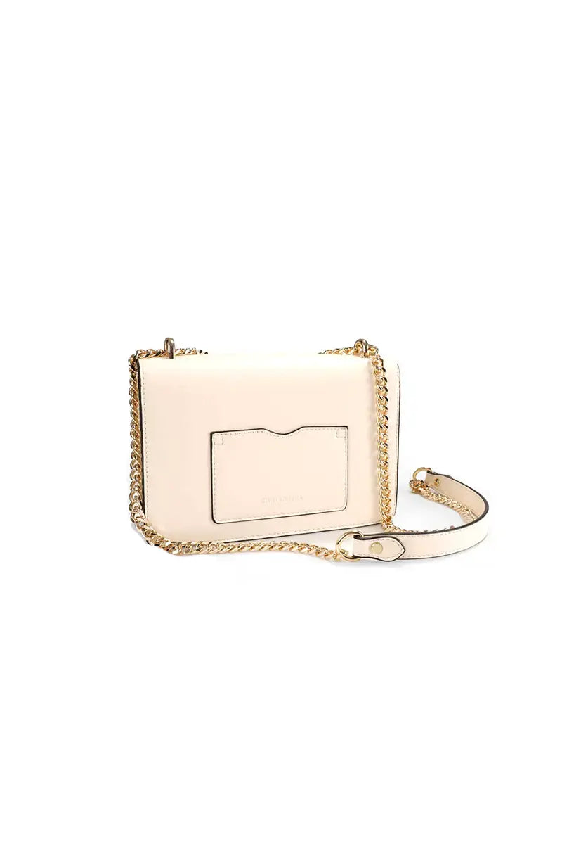 Studded Letter Print Chain Top Handle Bag