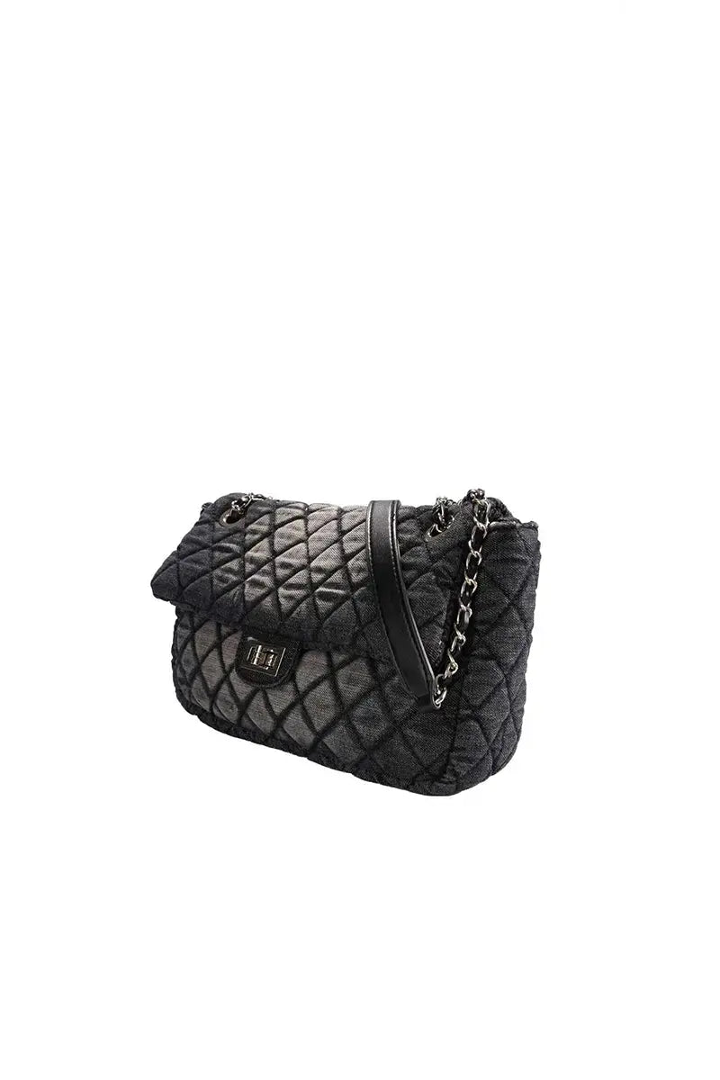 Washed Denim Quilted Chain Shoulder Bag