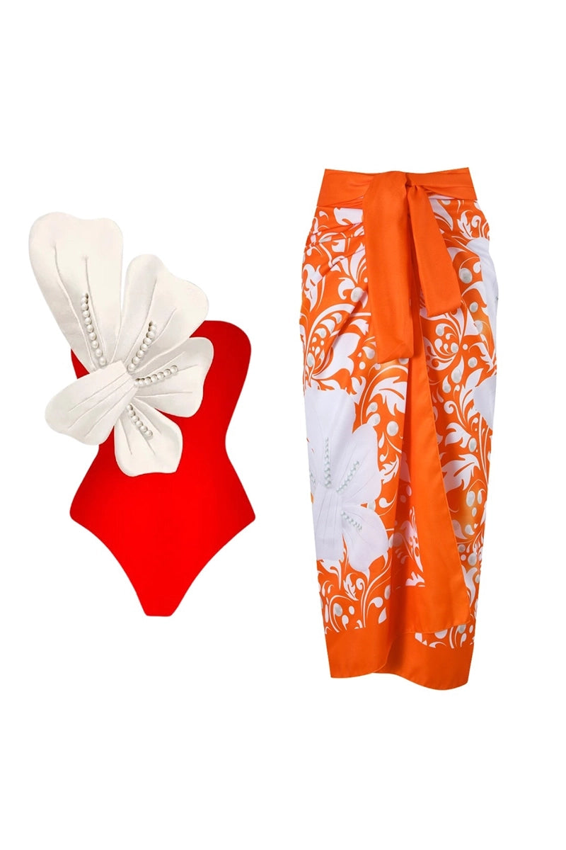 Orange Swimsuit Set Pearl Flower Detail