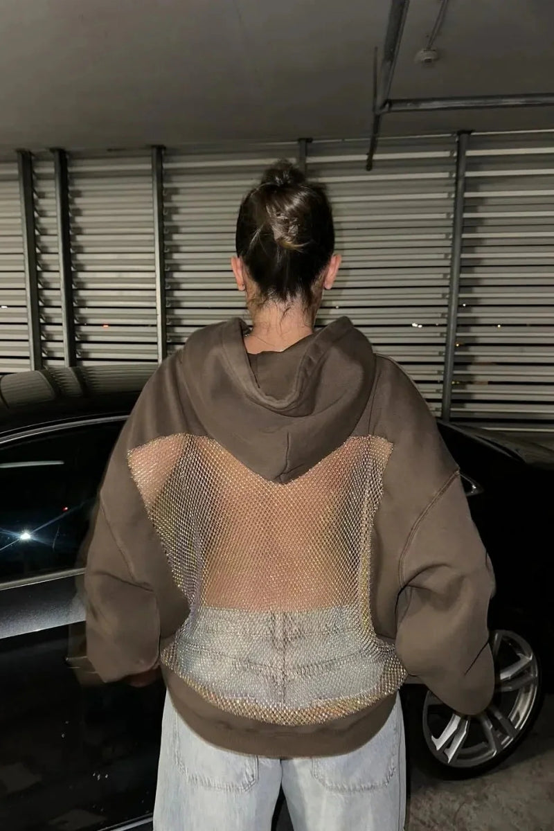 Backless Sheer Mesh Hoodie