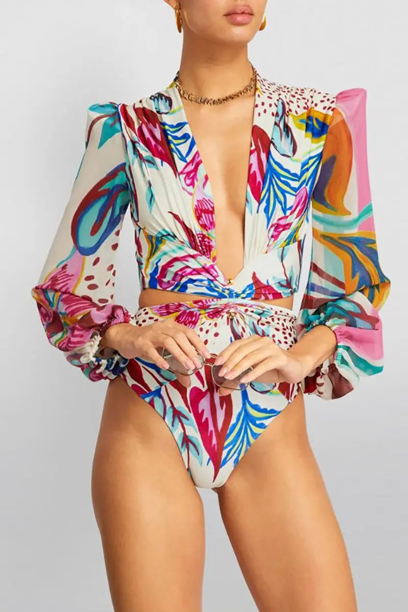 V Neck Cutout Printed Long Sleeve Swimsuit