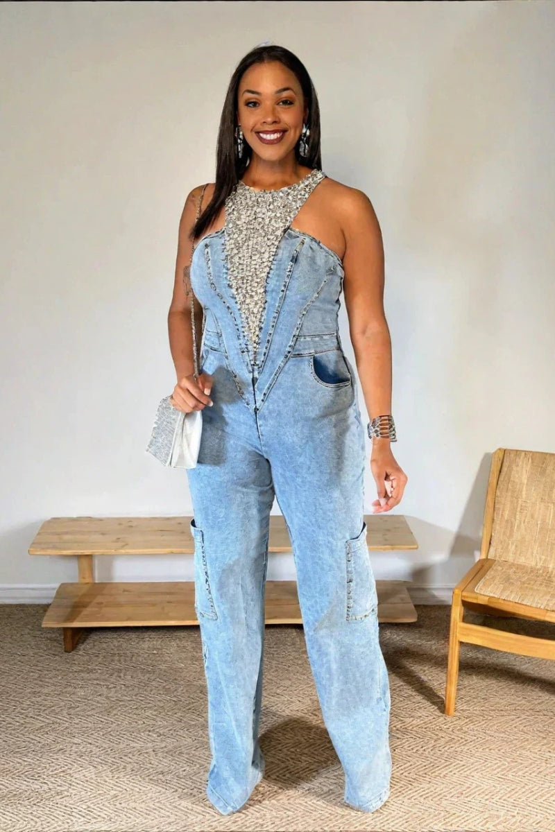 Bedazzled Blue Denim Jumpsuit