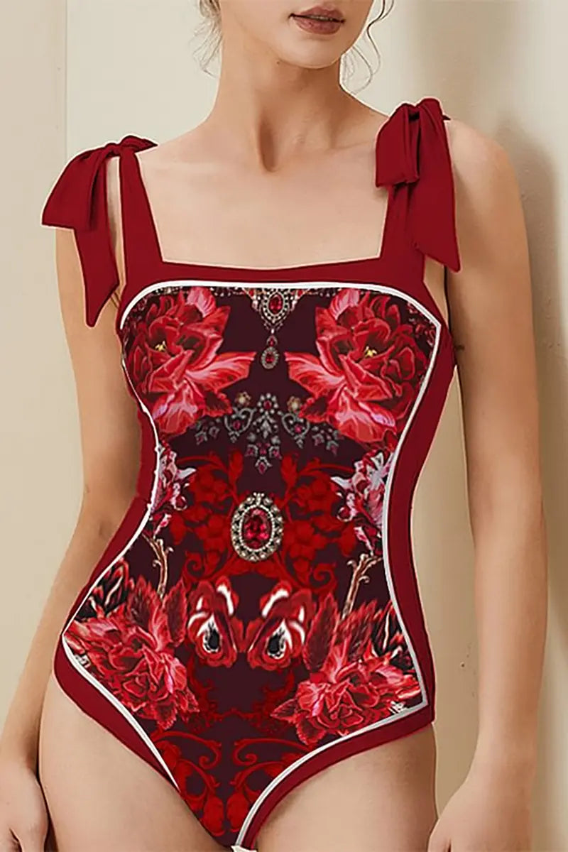 Red Floral Bow Tie Swimsuit Set