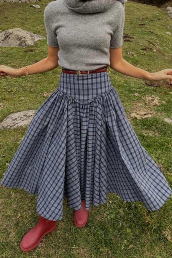 Navy Plaid High-Waist A-Line Skirt