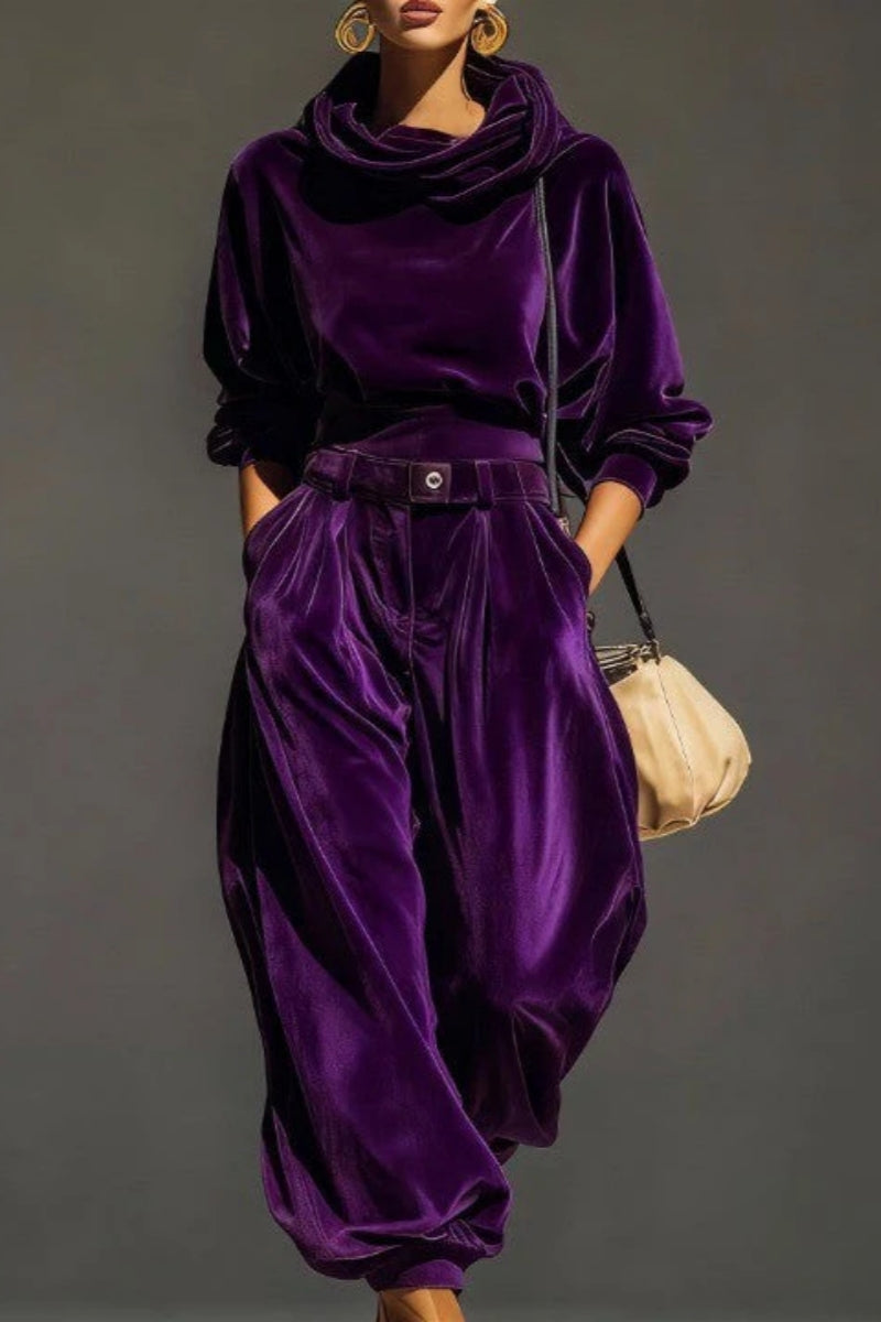 Vintage Brown Velvet Hoodie And Loose-Fitting Trousers Set（Includes Belt）