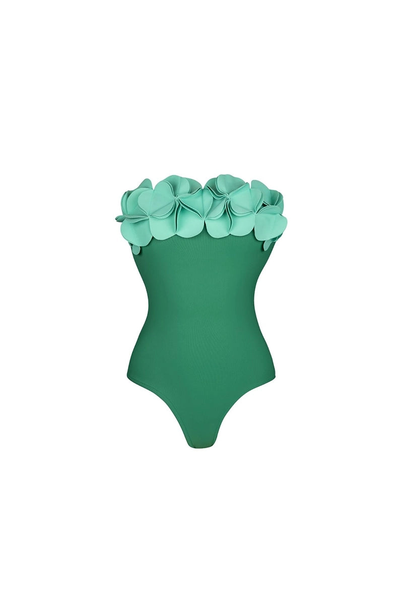 Strapless Green 3D Floral Swimsuit