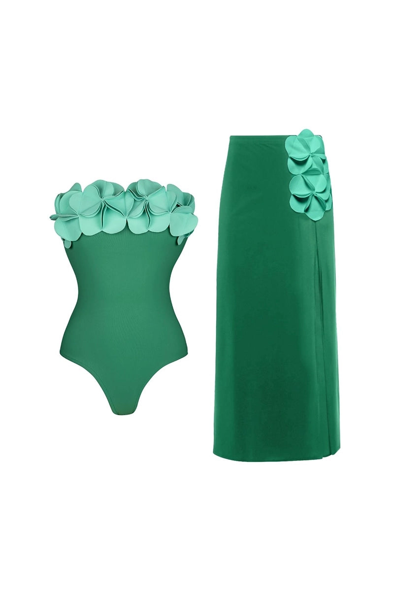 Strapless Green 3D Floral Swimsuit