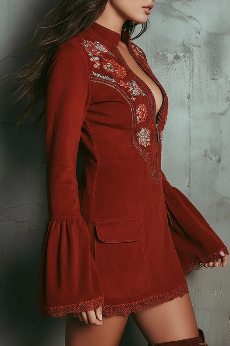 Vintage Rust Red Bell Sleeve Embroidered Faux Suede Lace Mini Dress