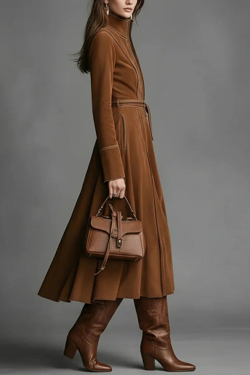 Brown Faux Suede Front Zipper Belted Elegant Maxi Dress