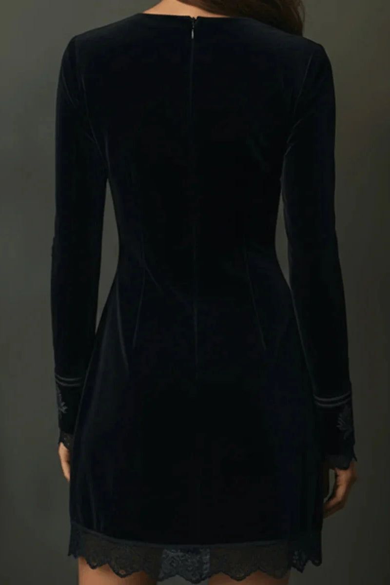 Retro Black Velvet Embroidered Lace Trim Mini Dress