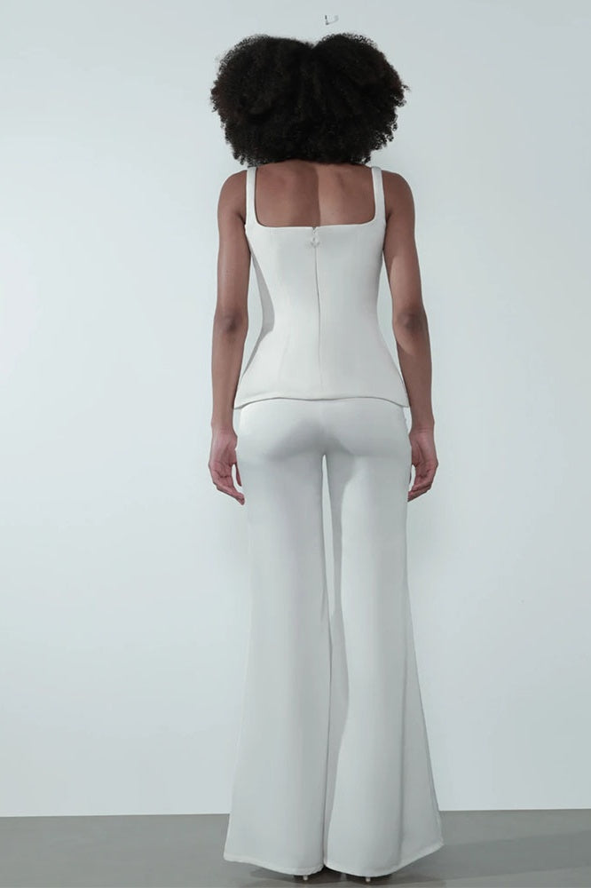 Beyaz Peplum Geniş Paça Pantolon Takımı