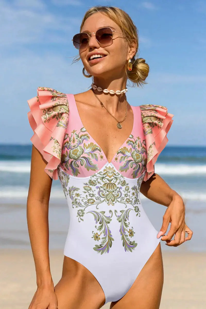 V Neck Ruffle Patchwork Ethnic Print Swimsuit