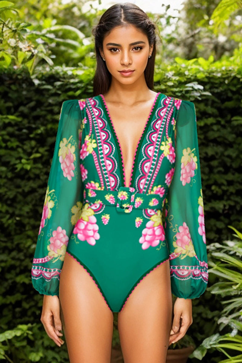 Deep V Retro Print Long Sleeve Swimsuit Set