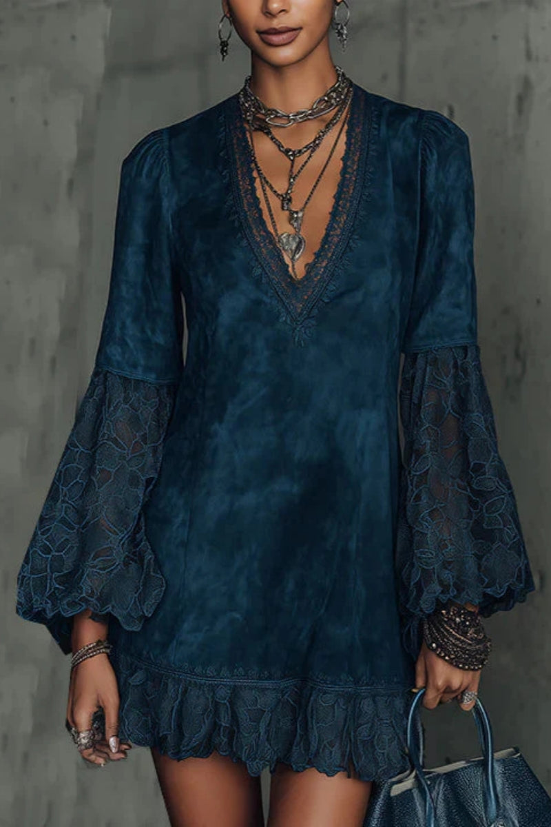 Faux Suede Flared Sleeve Lace Mini Dress