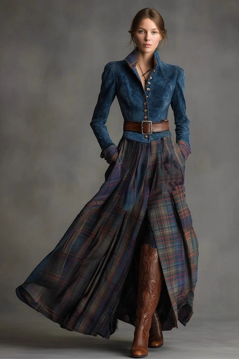 Retro Ethnic Style Blue Faux Suede Plaid Maxi Dress(Includes belt)