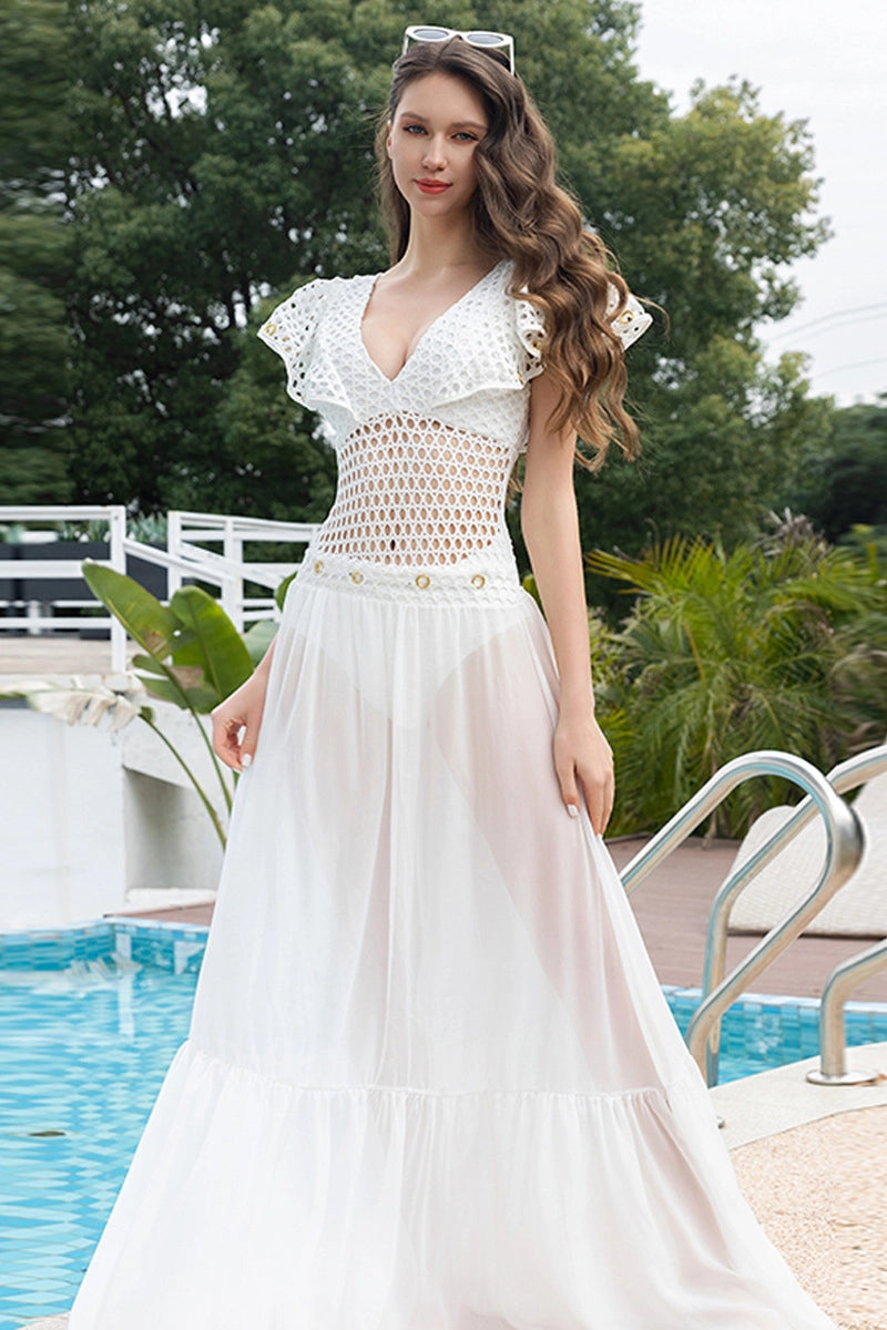 White Fishnet Ruffle Swimsuit Set