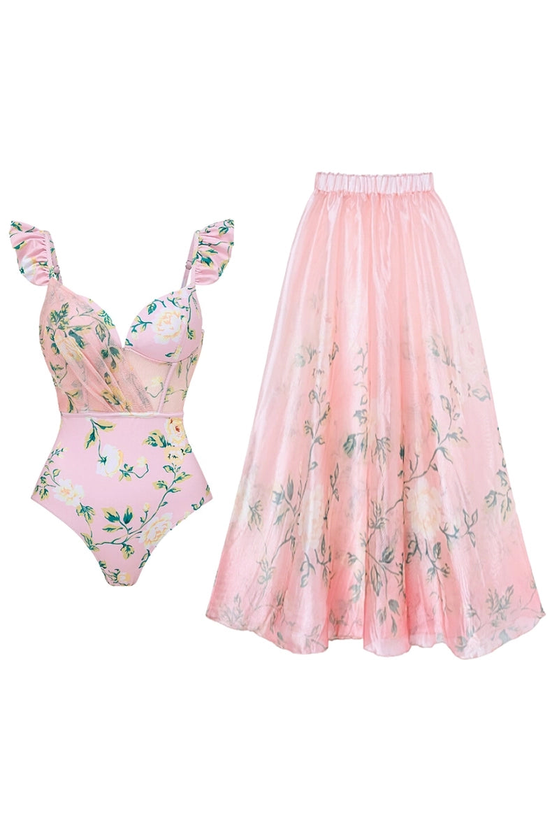 Pink Floral One-Piece with 3D Crystal Flowers