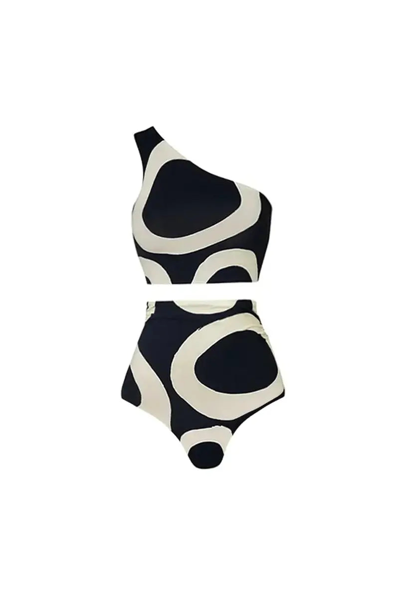 Conjunto de bikini de talle alto con bloque de color y un solo hombro