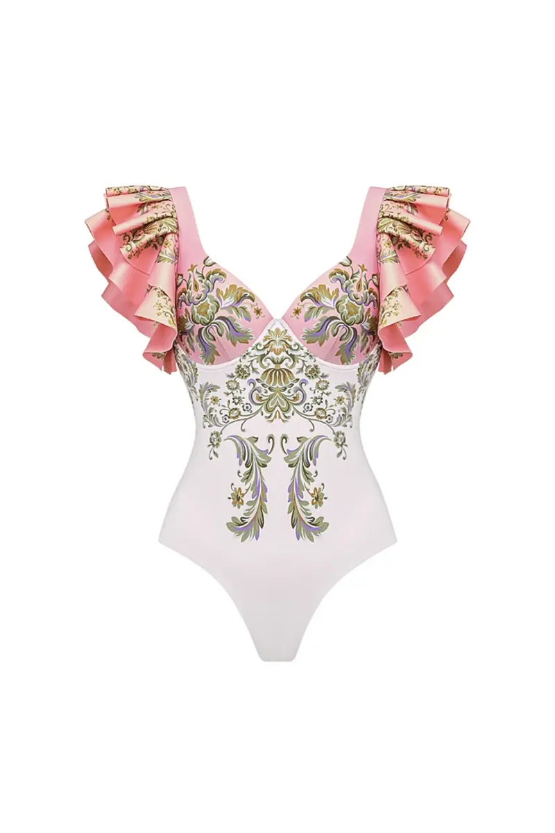 V Neck Ruffle Patchwork Ethnic Print Swimsuit