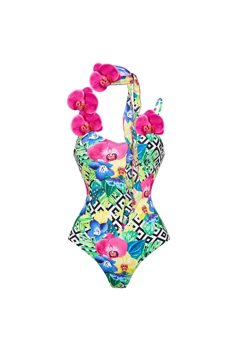 Orchideen-Träger-Print Spaghetti-Badeanzug-Set