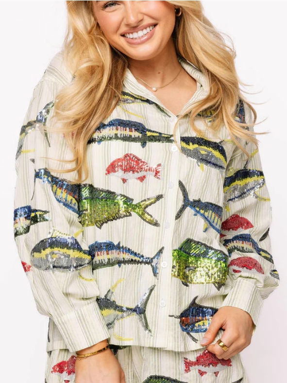 Green Stripe Multi Fish Shorts Set