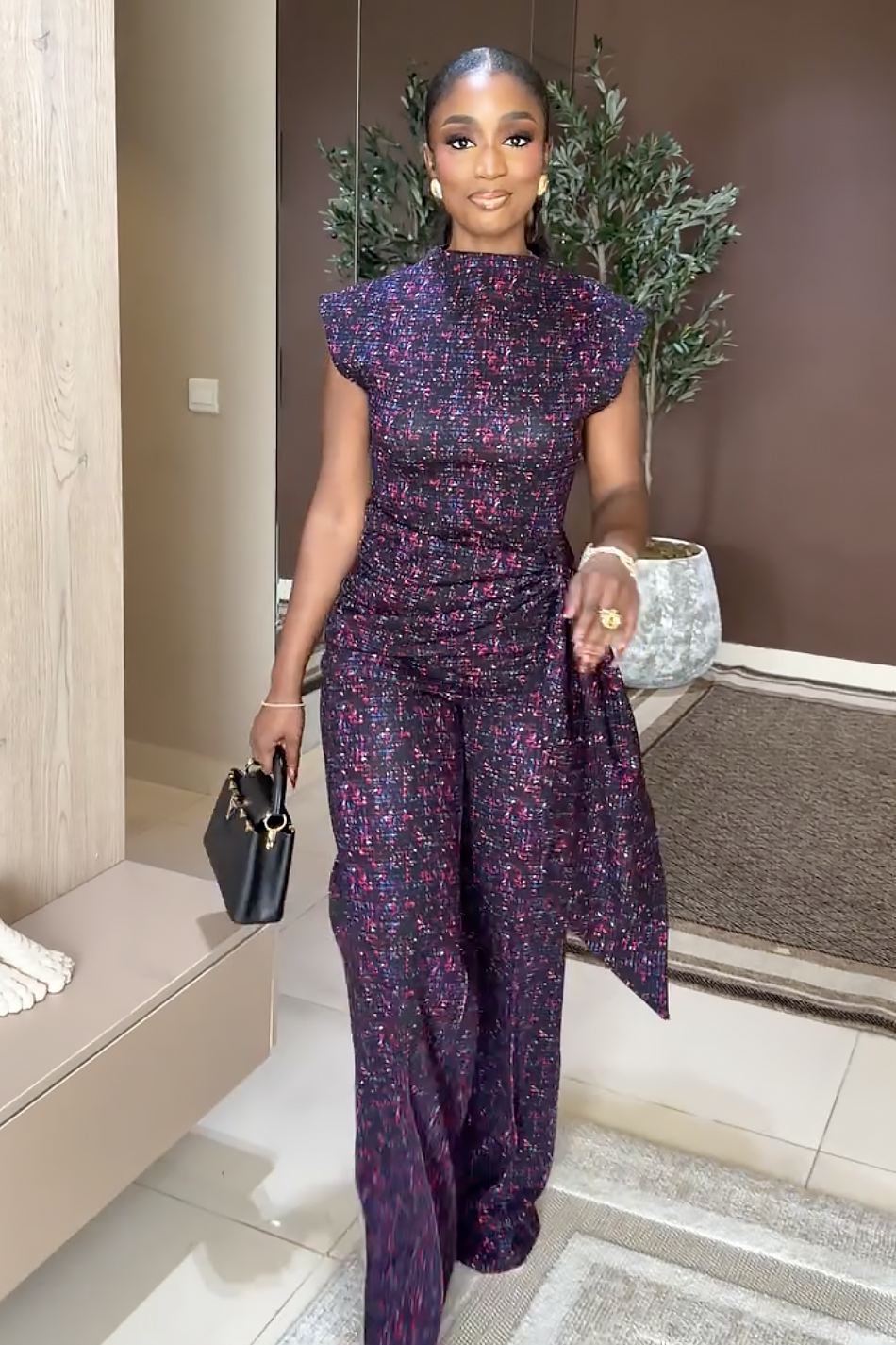 Purple Mosaic Print Wrap Waist Pants Set