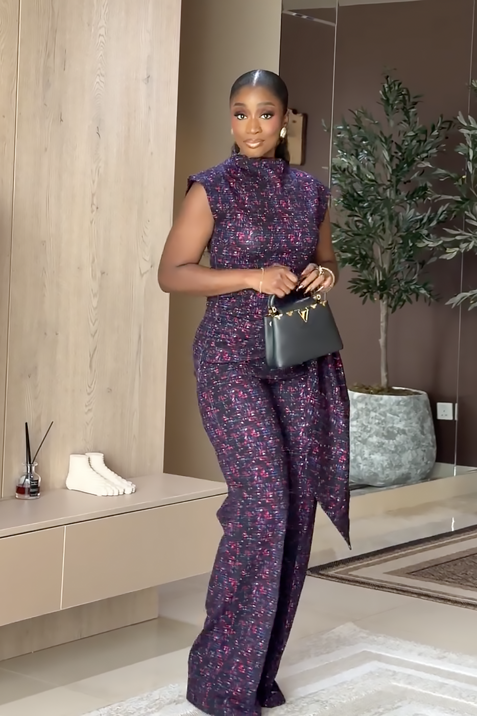Purple Mosaic Print Wrap Waist Pants Set