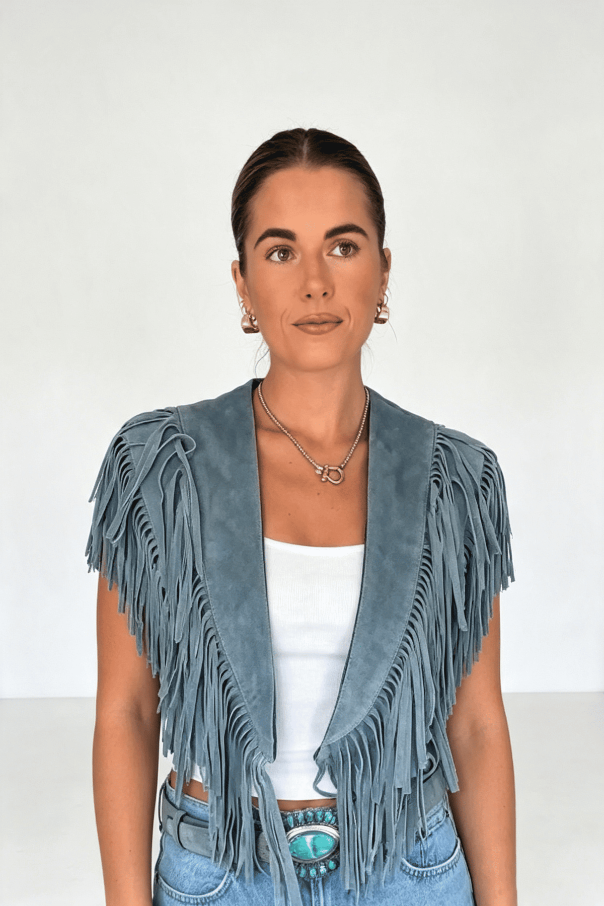 Jachetă crop în stil western, cu franjuri