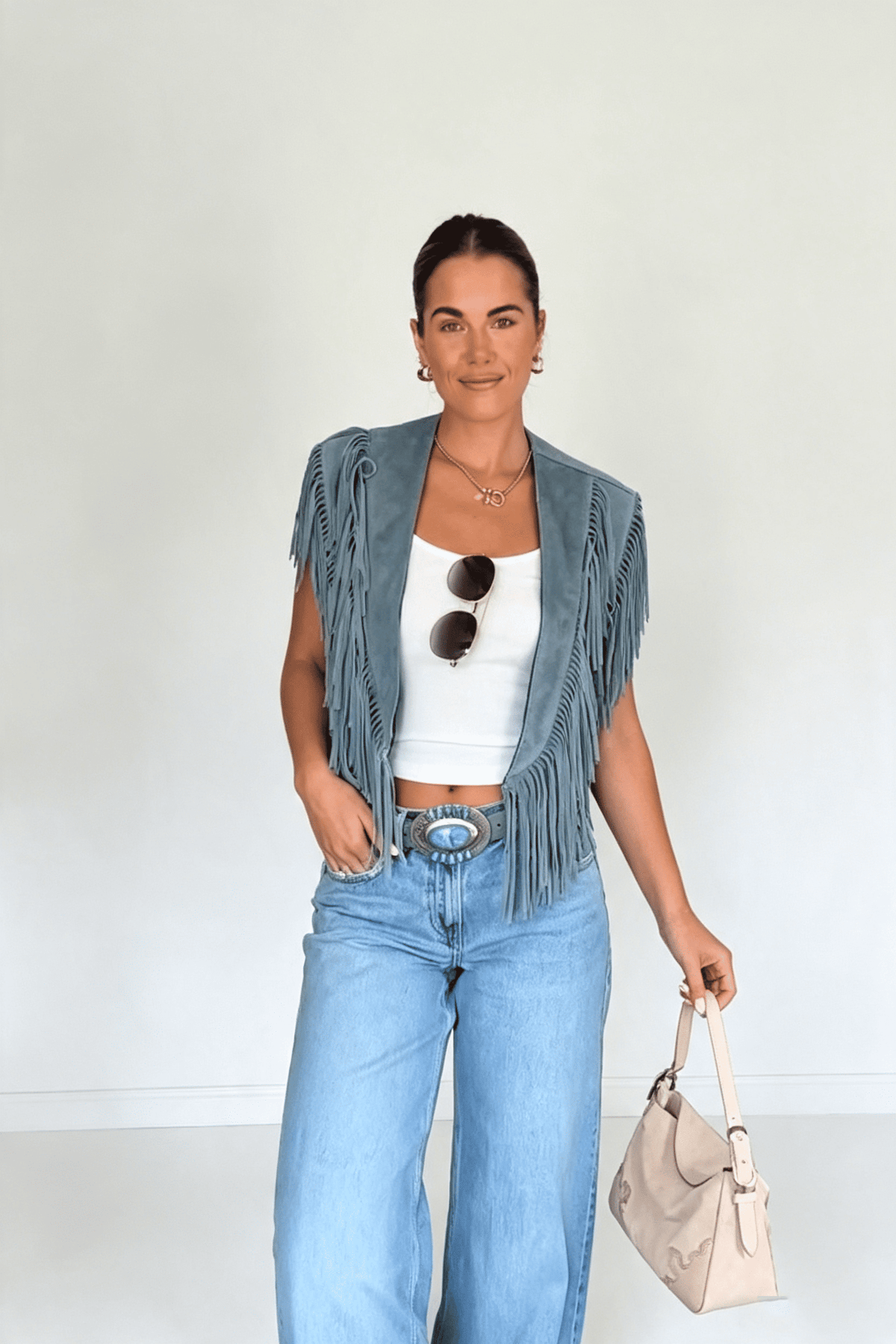 Jachetă crop în stil western, cu franjuri