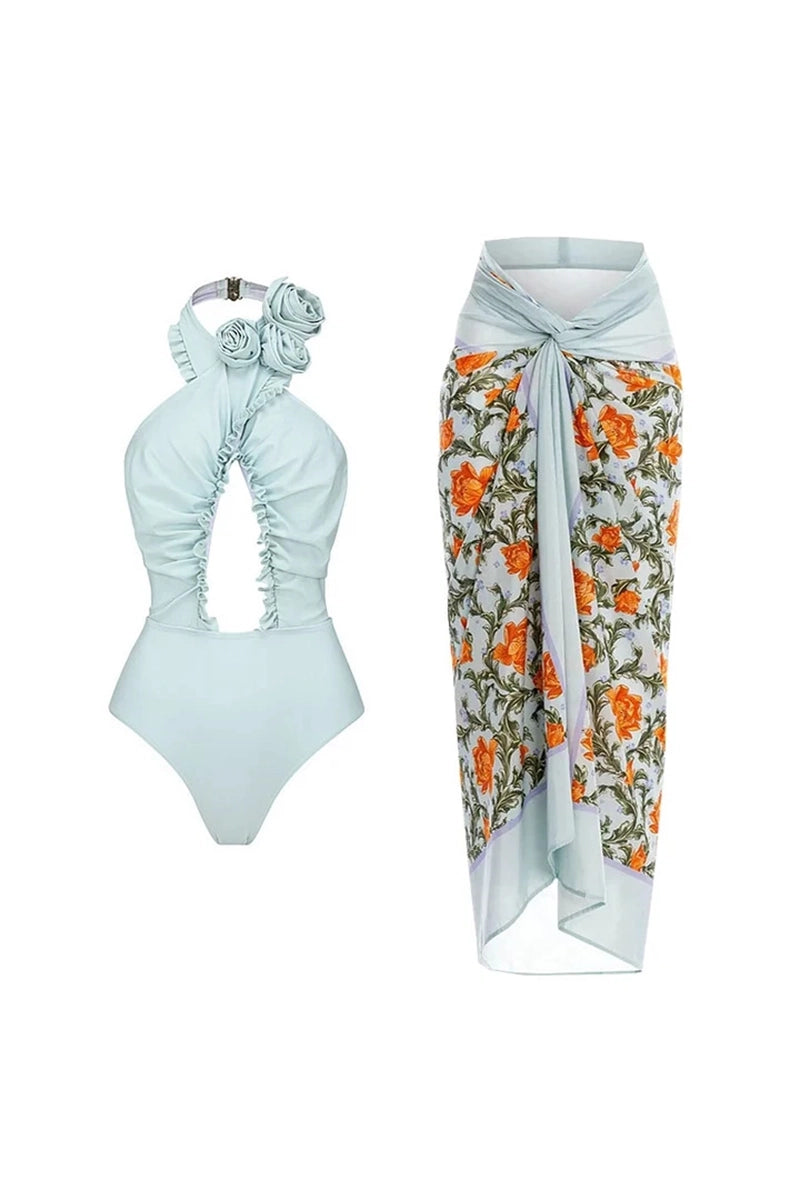 Halter Backless Swimsuit with 3D Floral Set