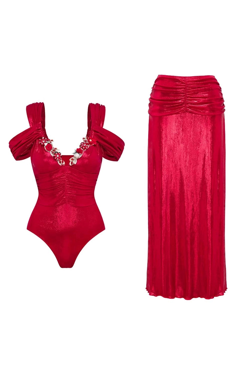 Red Glossy One-Piece with 3D Butterfly