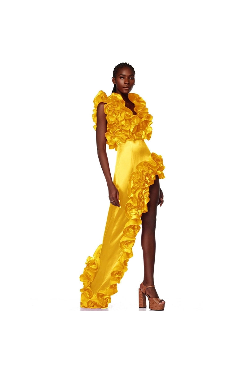 Ruffled V-Neck Yellow Swimsuit