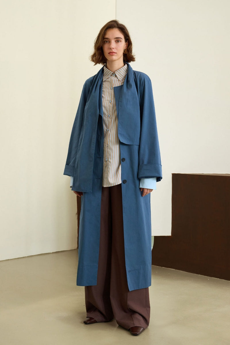 Scarf-Collar Cotton Trench Coat