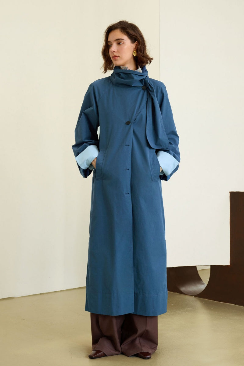 Scarf-Collar Cotton Trench Coat