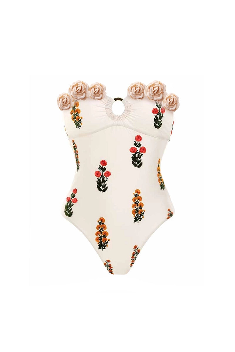 Strapless Floral Embellished One-Piece Swimsuit