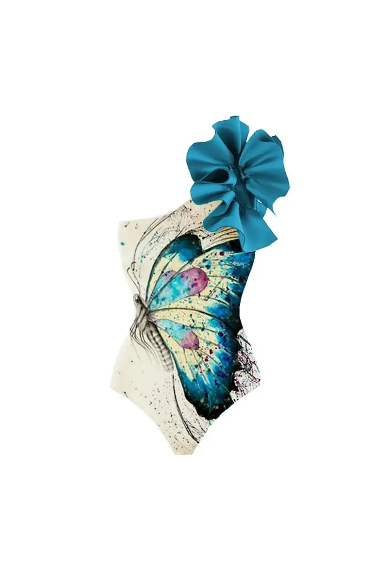 One Shoulder Butterfly Print Floral Swimsuit